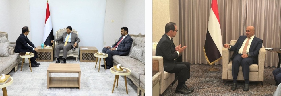 نائبي رئيس مجلس القيادة الرئاسي طارق صالح وعبدالله العليمي يبحثان مع السفير الياباني التعاون المشترك وسبل تحقيق الاستقرار في اليمن كلا منهما على حده
