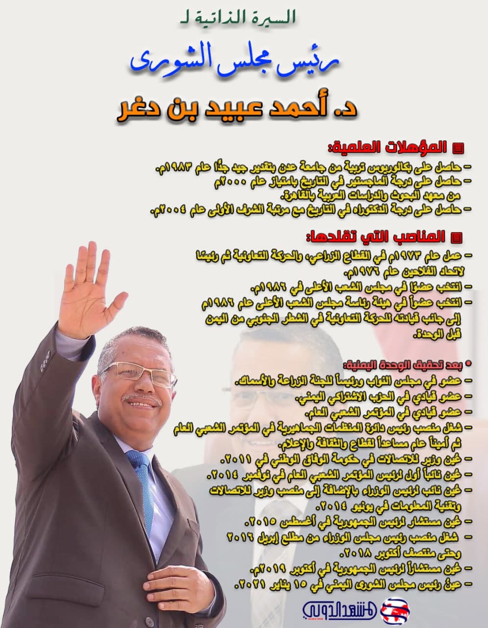 السيرة الذاتية لرئيس مجلس الشورى د. أحمد عبيد بن دغر